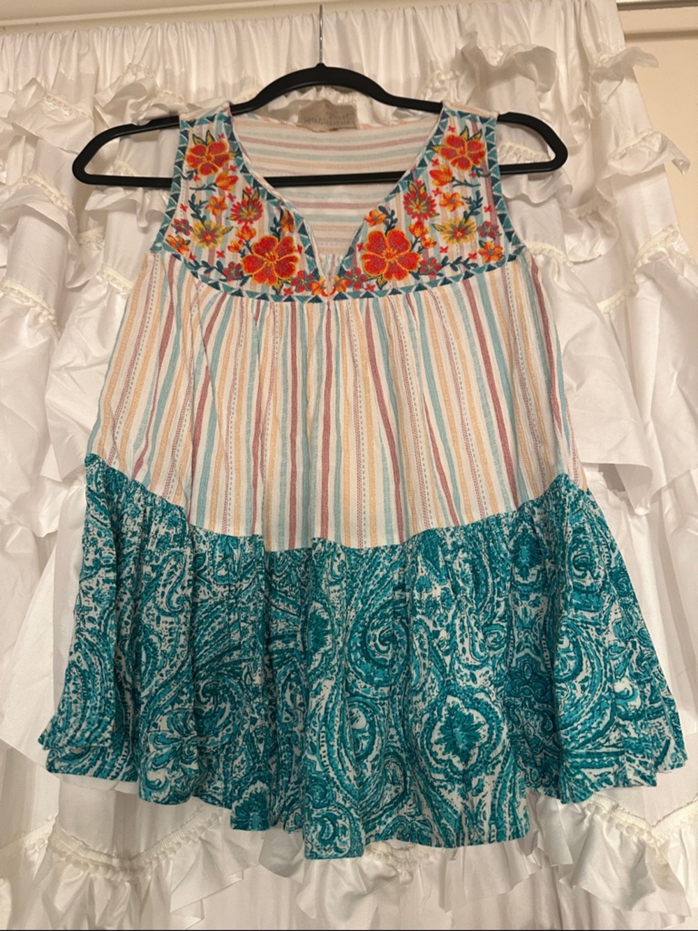 Savanna Jane Teal Paisley Tiered Tank with Orange Floral Embroidery